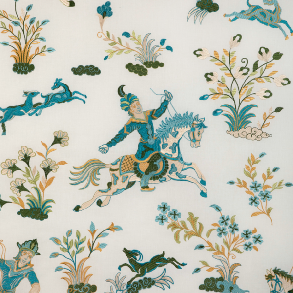 BRUNSCHWIG & FILS ANDUZE EMBROIDERIES NAYAN EMB - AQUA/LEAF upholstery fabric swatch for sample-first furniture planning