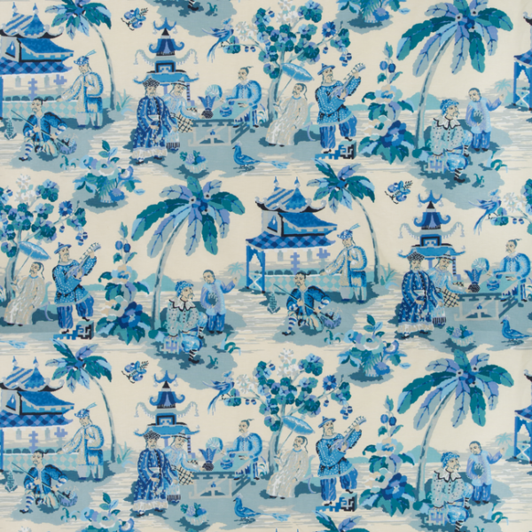 BRUNSCHWIG & FILS BARET XIAN LINEN & COTTON PRINT - PORCELAIN upholstery fabric swatch for sample-first furniture planning