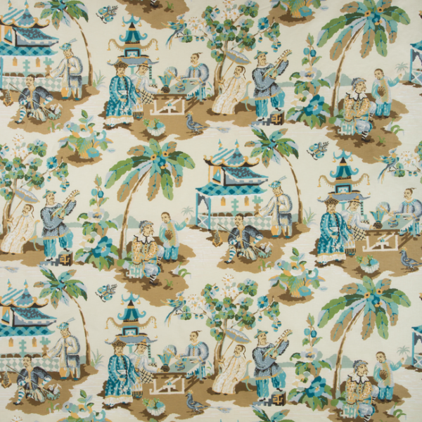 BRUNSCHWIG & FILS BARET XIAN LINEN & COTTON PRINT - SEAFOAM/SAND upholstery fabric swatch for sample-first furniture planning