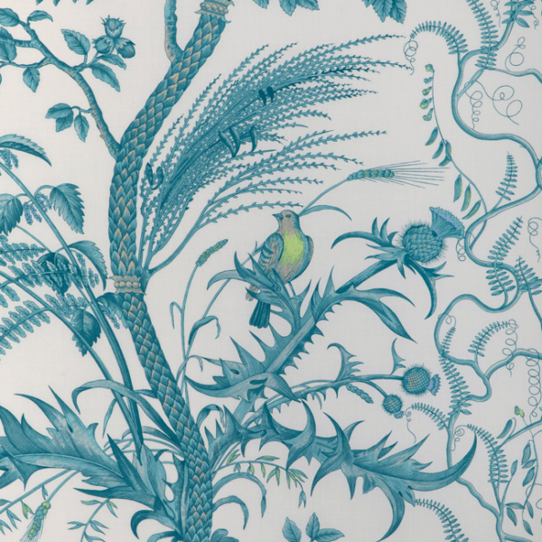 BRUNSCHWIG & FILS BIRD AND THISTLE COTTON PRINT - AQUA upholstery fabric swatch for sample-first furniture planning