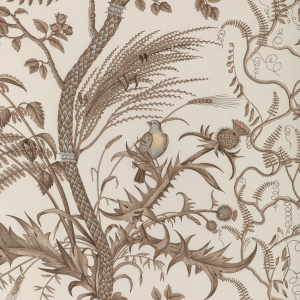 BRUNSCHWIG & FILS BIRD AND THISTLE COTTON PRINT - BEIGE upholstery fabric swatch for sample-first furniture planning