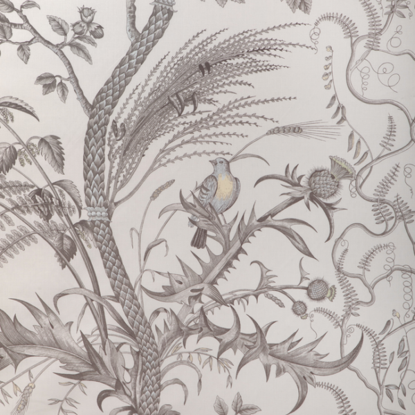 BRUNSCHWIG & FILS BIRD AND THISTLE COTTON PRINT - GRAY upholstery fabric swatch for sample-first furniture planning