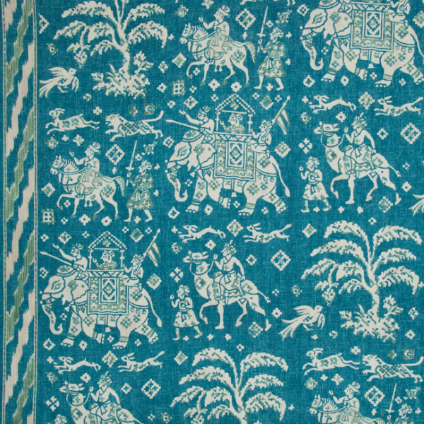 BRUNSCHWIG & FILS CAPE COMORIN ARALAM PRINT - TEAL/GREEN upholstery fabric swatch for sample-first furniture planning