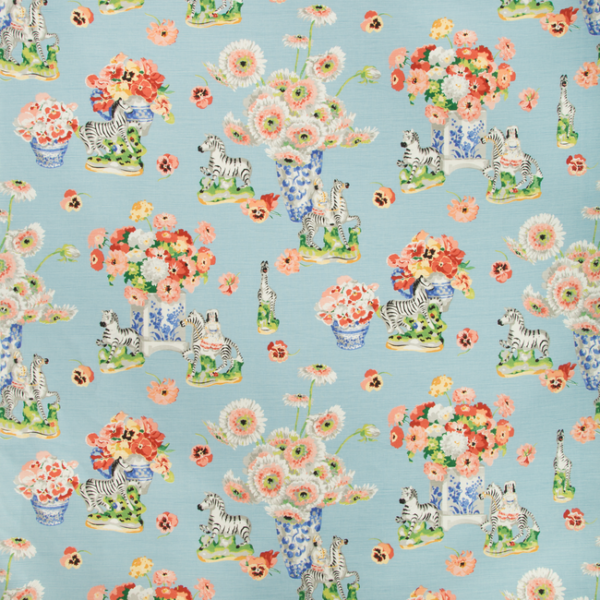 BRUNSCHWIG & FILS CEVENNES GILLIAN S ZEBRAS LINEN & COTTON PRINT - SKY upholstery fabric swatch for sample-first furniture planning