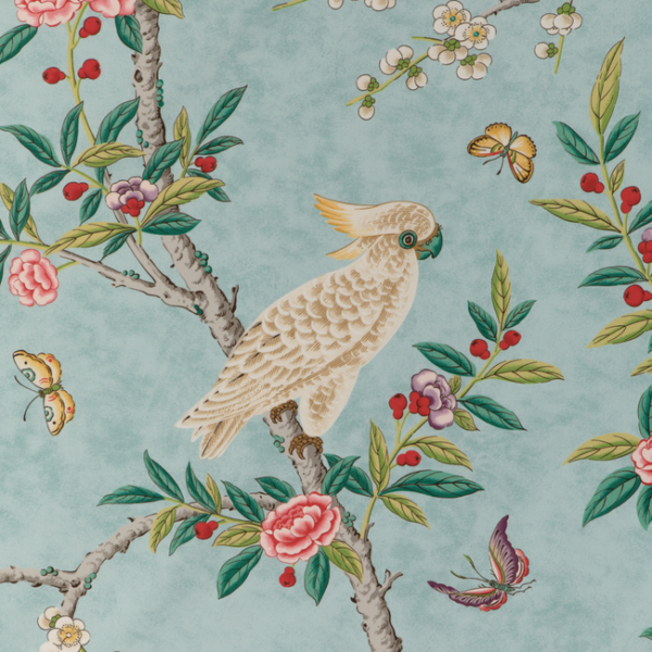 BRUNSCHWIG & FILS LA MENAGERIE KANCHOU PRINT - AQUA upholstery fabric swatch for sample-first furniture planning
