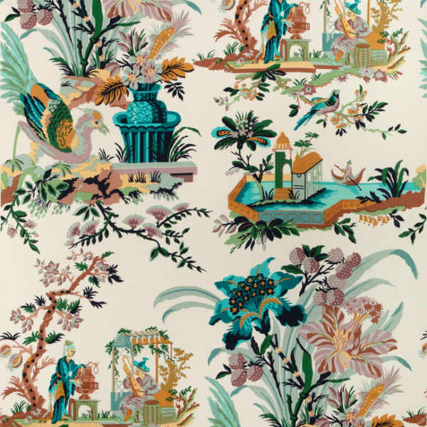 BRUNSCHWIG & FILS LE JARDIN CHINOIS LE LAC - AQUA/GREEN upholstery fabric swatch for sample-first furniture planning