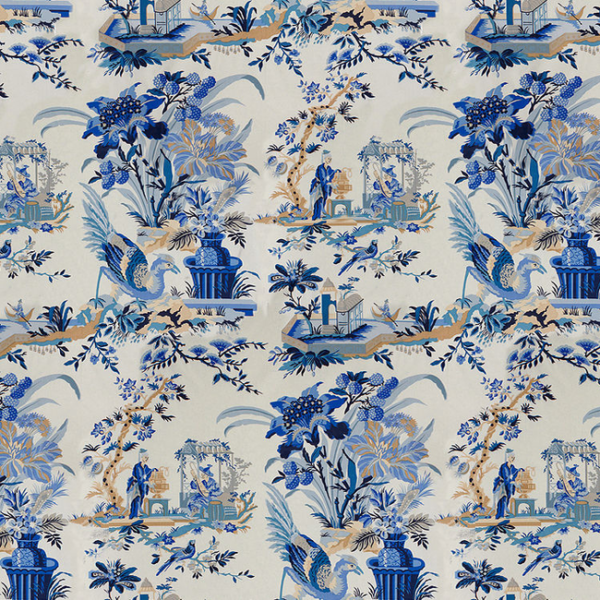 BRUNSCHWIG & FILS LE JARDIN CHINOIS LE LAC - BLUE/WHITE upholstery fabric swatch for sample-first furniture planning