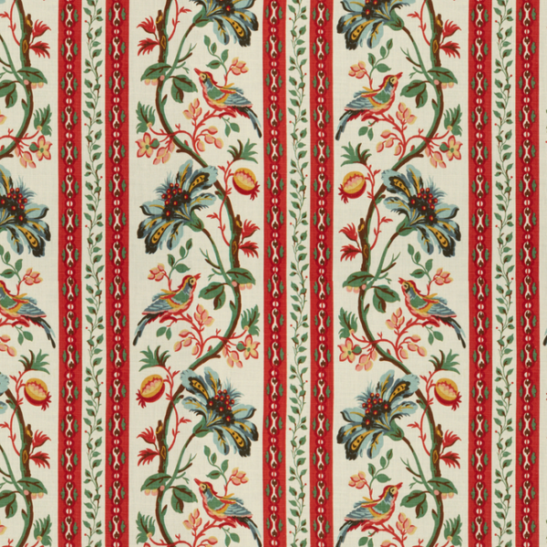 BRUNSCHWIG & FILS LE LAC BORDER LINEN PRINT - TEAL & MELON/CREAM upholstery fabric swatch for sample-first furniture planning