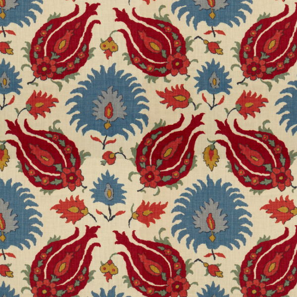 BRUNSCHWIG & FILS LES ALIZES KASHMIRI LINEN PRINT - POMEGRANATE/BLUE BR-700020.176.0
