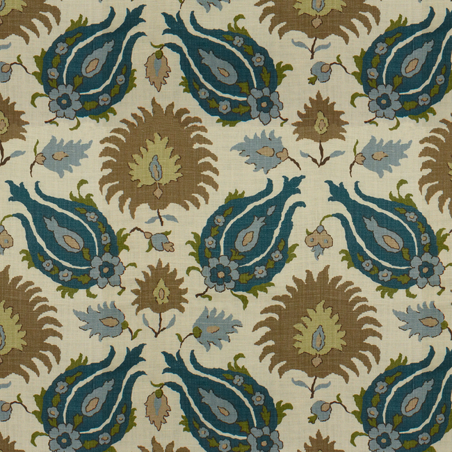 BRUNSCHWIG & FILS LES ALIZES KASHMIRI LINEN PRINT - TEAL BLUE/TAUPE BR-700020.225.0