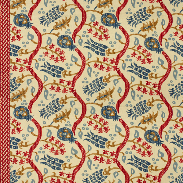 BRUNSCHWIG & FILS LES ALIZES NISIOTIKO LINEN PRINT - POMEGRANATE/OXFORD BLUE BR-700019.176.0 - Discontinued