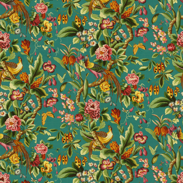 BRUNSCHWIG & FILS LES TROPIQUES PHEASANS - BLUE upholstery fabric swatch for sample-first furniture planning