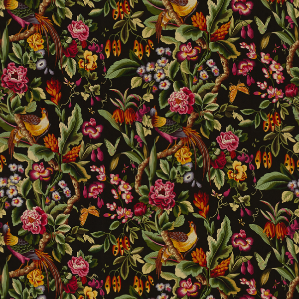 BRUNSCHWIG & FILS LES TROPIQUES PHEASANS - CHOCOLAT upholstery fabric swatch for sample-first furniture planning