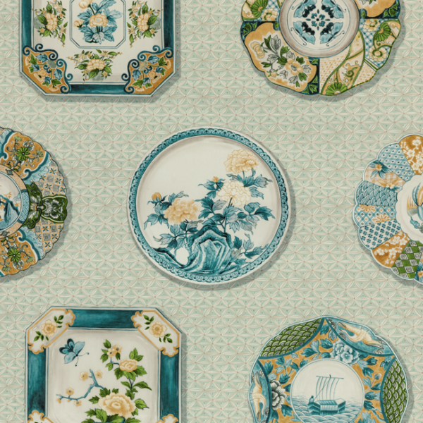 BRUNSCHWIG & FILS LOUVERNE BONCHAMP PRINT - AQUA upholstery fabric swatch for sample-first furniture planning