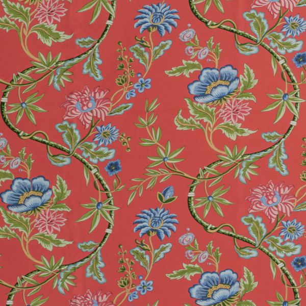 red botanical upholstery fabric sample for San Francisco furniture planning