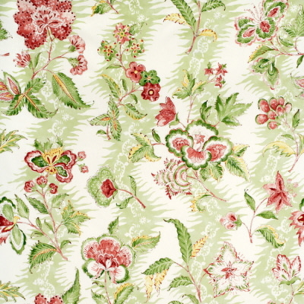 BRUNSCHWIG & FILS MONSOON FLORAL LINEN & COTTON PRINT - CORAL/LETTUCE upholstery fabric swatch for sample-first furniture planning