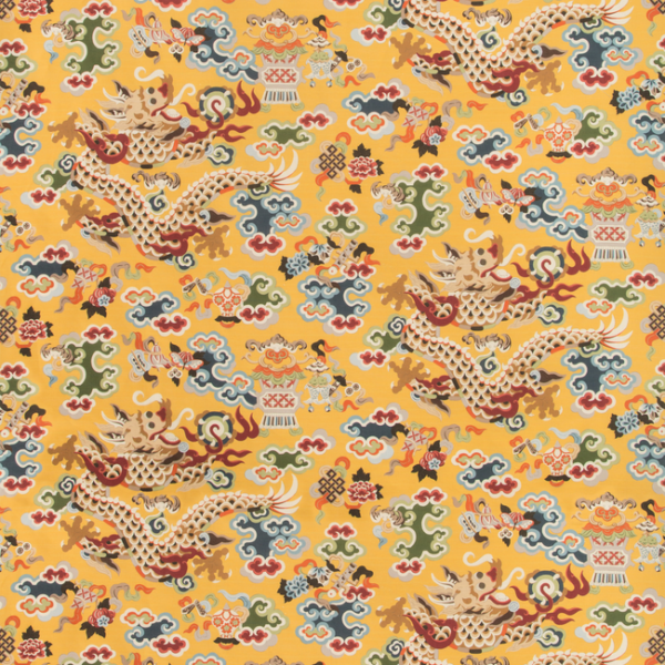 BRUNSCHWIG & FILS SUMMER PALACE MING DRAGON PRINT - SAFFRON upholstery fabric swatch for sample-first furniture planning