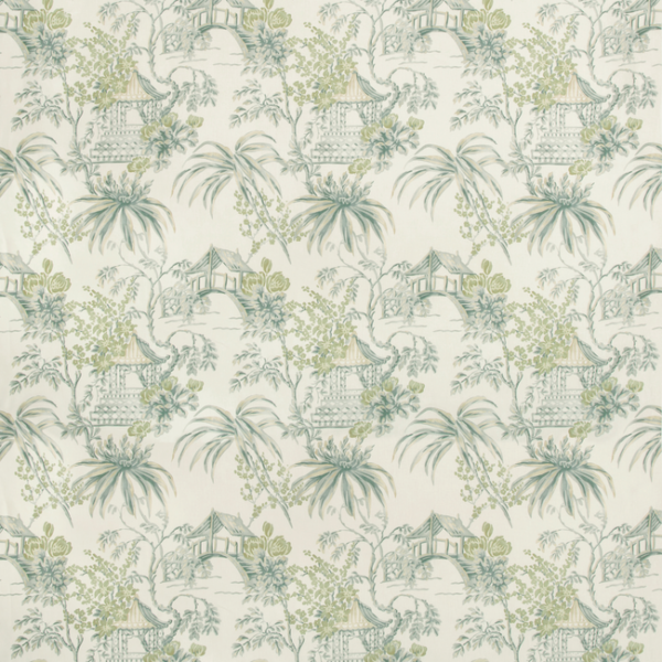 BRUNSCHWIG & FILS SUMMER PALACE TONGLI PRINT - LAGOON upholstery fabric swatch for sample-first furniture planning