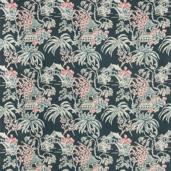 BRUNSCHWIG & FILS SUMMER PALACE TONGLI PRINT - MIDNIGHT upholstery fabric swatch for sample-first furniture planning