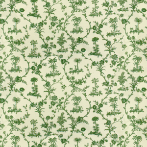 West Indies Toile Cotton Print - Green On White upholstery fabric swatch