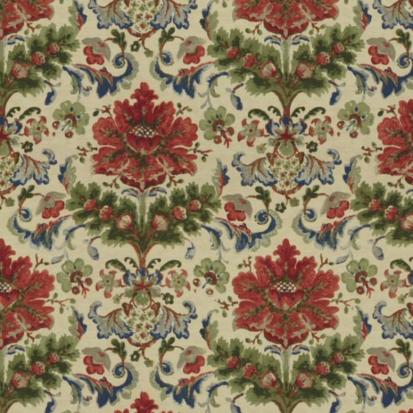 BRUNSCHWIG & FILS WINDSOR DAMASK COTTON & LINEN PRINT - RED ON ECRU upholstery fabric swatch for sample-first furniture planning