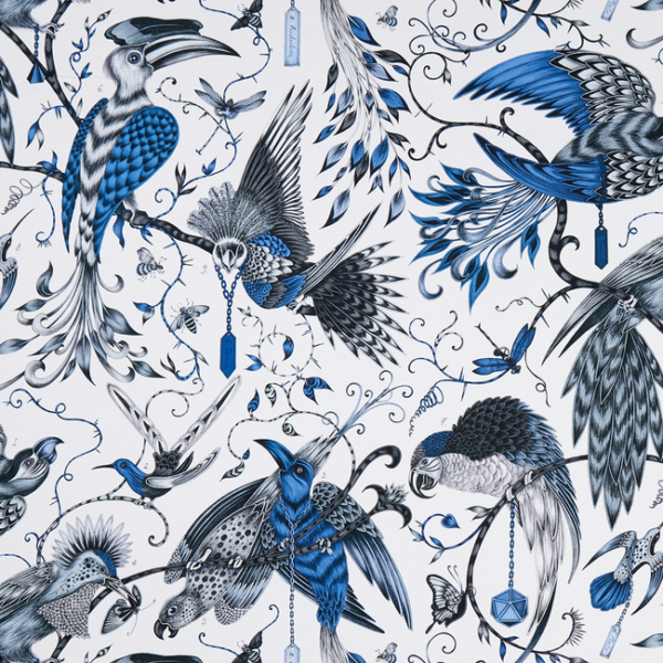 CLARKE & CLARKE ANIMALIA AUDUBON - BLUE upholstery fabric swatch for sample-first furniture planning