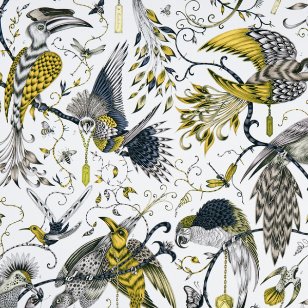 CLARKE & CLARKE ANIMALIA AUDUBON - GOLD upholstery fabric swatch for sample-first furniture planning