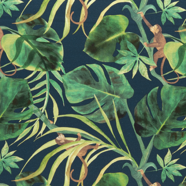 CLARKE & CLARKE COLONY MONKEY BUSINESS - INDIGO upholstery fabric swatch for sample-first furniture planning