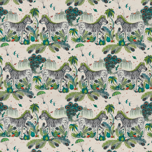 CLARKE & CLARKE EMMA J SHIPLEY FOR C&C WILDERIE LOST WORLD LINEN - GREEN upholstery fabric swatch for sample-first furniture planning