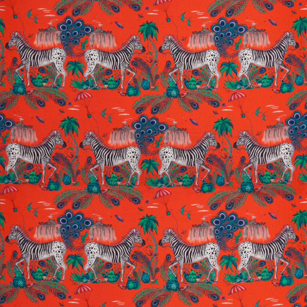 CLARKE & CLARKE EMMA J SHIPLEY FOR C&C WILDERIE LOST WORLD SATIN - RED upholstery fabric swatch for sample-first furniture planning