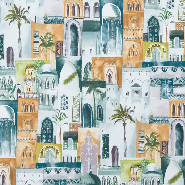 CLARKE & CLARKE PRINCE OF PERSIA MARRAKECH - TEAL/SPICE upholstery fabric swatch for sample-first furniture planning