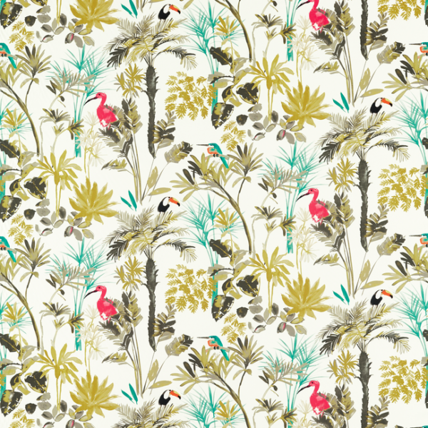 CLARKE & CLARKE STUDIO G FOR C&C AMAZONIA PALM - CHARCOAL/CITRON upholstery fabric swatch for sample-first furniture planning