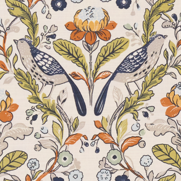 CLARKE & CLARKE STUDIO G FOR C&C SHERWOOD ORCHARD BIRDS - BIRDS DENIM/SPICE upholstery fabric swatch for sample-first furniture planning