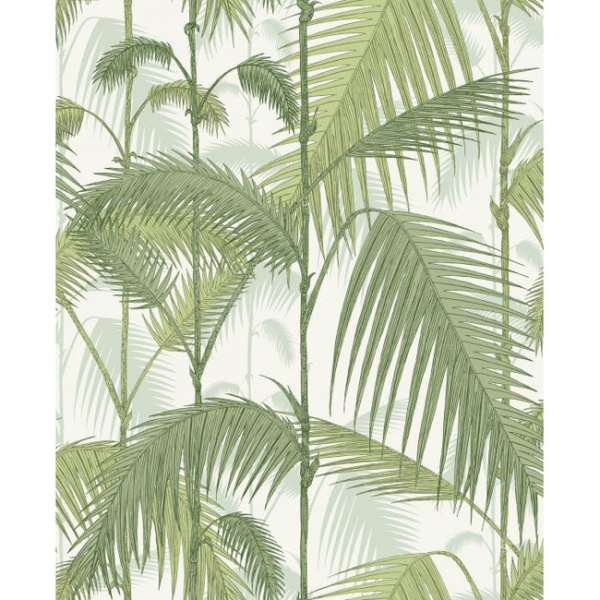 COLE & SON CONTEMPORARY FABRICS PALM JUNGLE COT/LIN PRINT - OLV GRN ON WHT upholstery fabric swatch for sample-first furniture planning