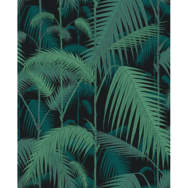 COLE & SON CONTEMPORARY FABRICS PALM JUNGLE COT/LIN PRINT - VIR/PET ON CHAR upholstery fabric swatch for sample-first furniture planning