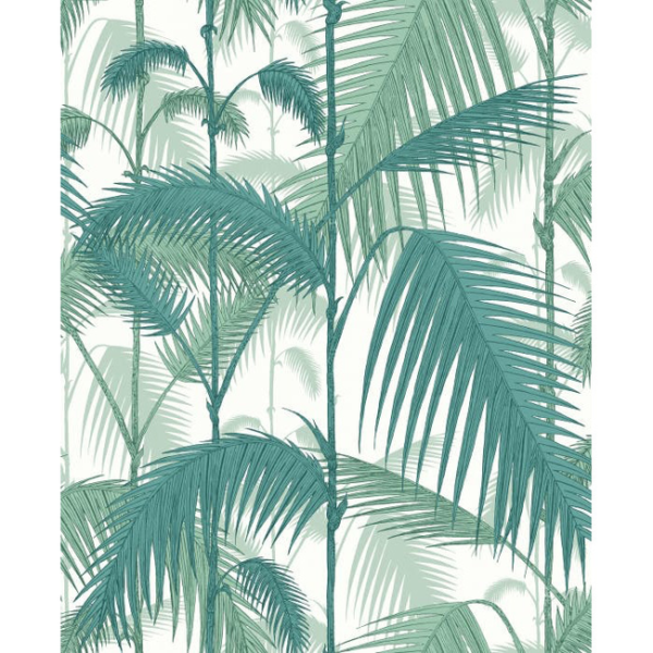 COLE & SON CONTEMPORARY FABRICS PALM JUNGLE COT/LINEN PRINT - TEA VIRID CHLK upholstery fabric swatch for sample-first furniture planning