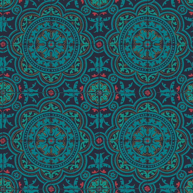 COLE & SON SEVILLE PICCADILLY - PETROL/RED/METALLIC GOLD ON INK 117/8021.CS.0