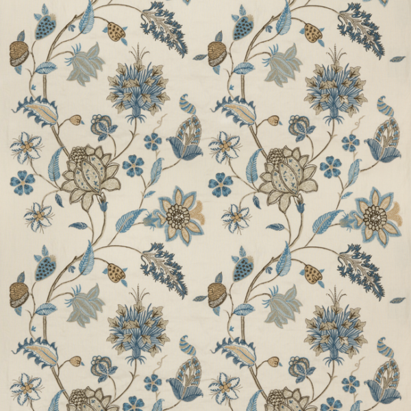 G P & J BAKER BAKER'S INDIENNE EMBROIDERY - SOFT BLUE upholstery fabric swatch for sample-first furniture planning