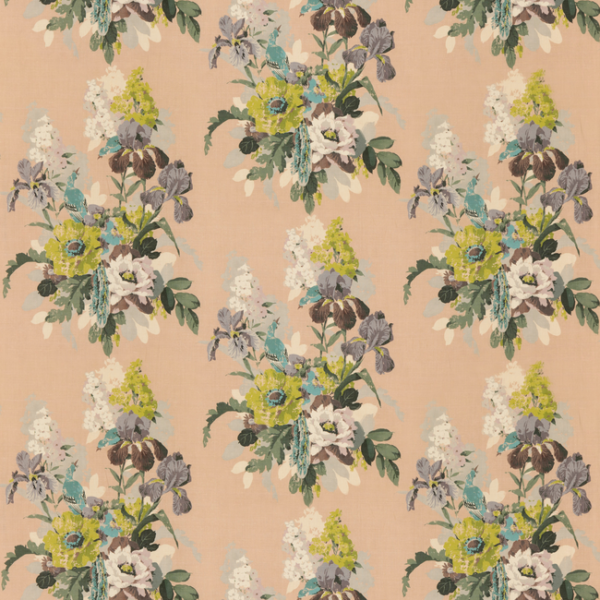 G P & J BAKER BIRD & IRIS - BLUSH upholstery fabric swatch for sample-first furniture planning