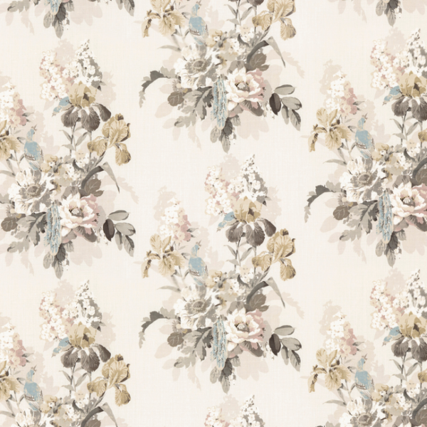 G P & J BAKER BIRD & IRIS - IVORY/MOLE upholstery fabric swatch for sample-first furniture planning
