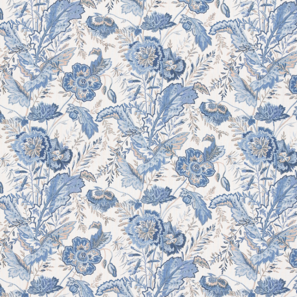 G P & J BAKER CASPIAN INDIENNE FLOWER - BLUE upholstery fabric swatch for sample-first furniture planning