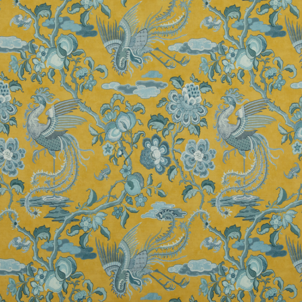 G P & J BAKER CHIFU CHIFU - OCHRE/BLUE upholstery fabric swatch for sample-first furniture planning