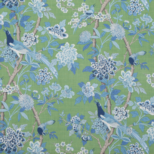G P & J BAKER CHIFU HYDRANGEA BIRD (ARCHIVE) - EMERALD/BLUE upholstery fabric swatch for sample-first furniture planning