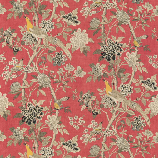 G P & J BAKER CHIFU HYDRANGEA BIRD (ARCHIVE) - OLD ROSE upholstery fabric swatch for sample-first furniture planning