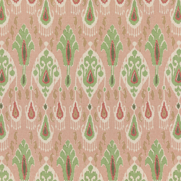 G P & J BAKER CHIFU IKAT BOKHARA - ROSE/GREEN upholstery fabric swatch for sample-first furniture planning