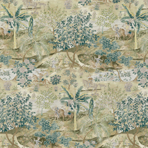 G P & J BAKER COROMANDEL RAMAYANA - GREEN/MOLE upholstery fabric swatch for sample-first furniture planning