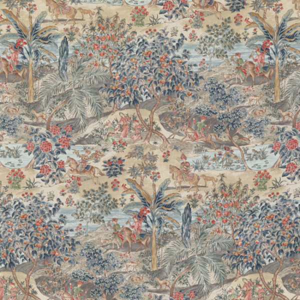 G P & J BAKER COROMANDEL RAMAYANA - RED/BLUE upholstery fabric swatch for sample-first furniture planning