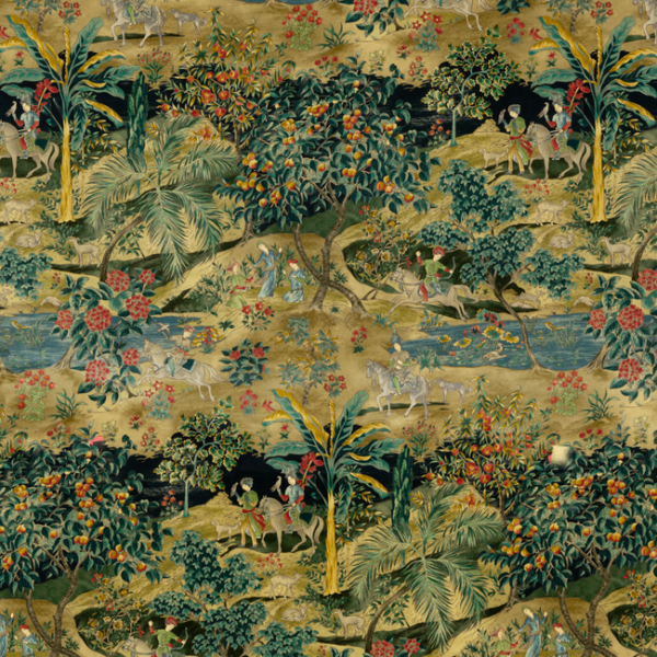 G P & J BAKER COROMANDEL RAMAYANA VELVET - EMERALD/SAND upholstery fabric swatch for sample-first furniture planning
