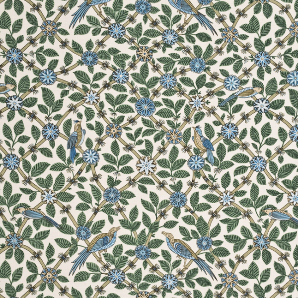 G P & J BAKER CRAYFORD BAMBOO BIRD - AQUA/TEAL upholstery fabric swatch for sample-first furniture planning