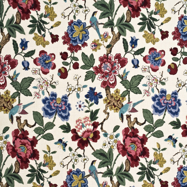 G P & J BAKER CRAYFORD PERSIAN POMEGRANATE - RED/INDIGO/STONE upholstery fabric swatch for sample-first furniture planning